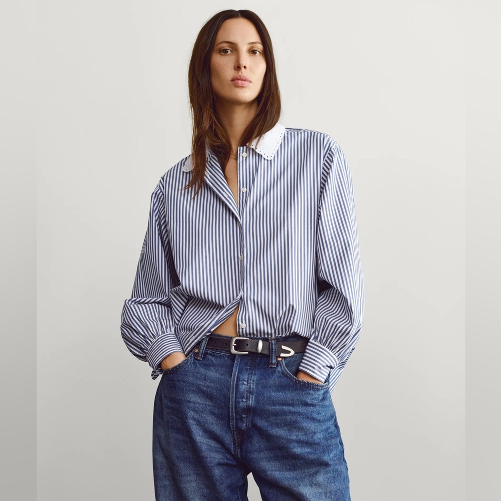 Button-Down Striped Cotton Shirt with Contrast Collar - Blue/White